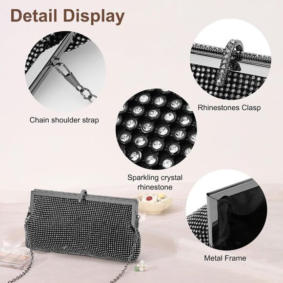 🆕Women Black Polyester Crystal Rhinestone Evening Clutch Purse Crossbody Bag - Picture 3 of 7